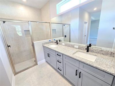 DUAL SINKS AND GLASS SHOWER DOOR