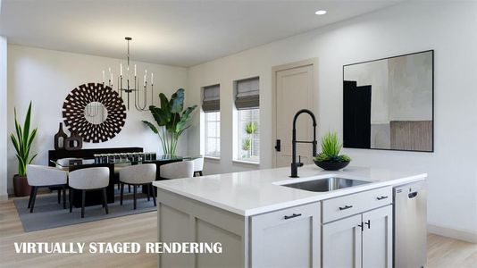 A dining room designed for grand dinner parties or cozy family meals.  VIRTUALLY STAGED RENDERING
