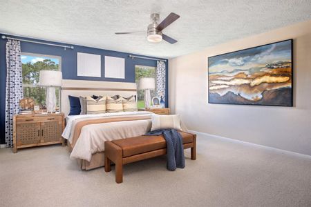 What a wonderful place to come home to, this stunning primary suite greets you with gorgeous plush carpet, warm custom paint, high ceiling, ceiling fan with lighting, large windows allowing in natural light brightening up this spacious primary bedroom!