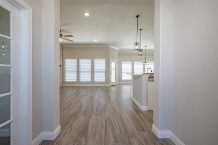 Hallway with light hardwood / wood-style flooring, sink, and crown molding