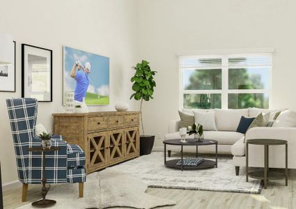 Rendering of the living room, which has
  high ceilings and a large window. The space is furnished with a cream
  sectional couch, round coffee and side table, plaid armchair and media
  center.