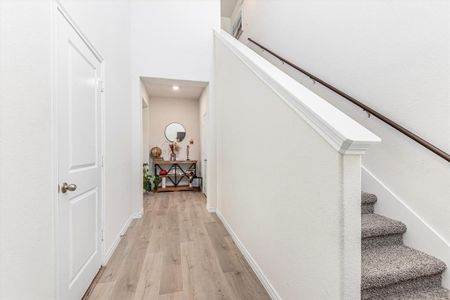 Stairs with hardwood / wood-style flooring