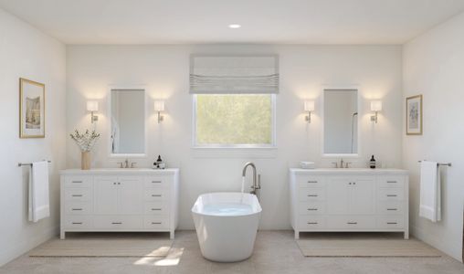 Primary bath with dual sinks and brushed nickel fixtures throughout