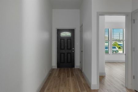 Doorway with light wood-type flooring