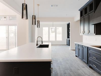 Kitchen with ventilation hood, a kitchen island with sink, sink, and light hardwood / wood-style floors