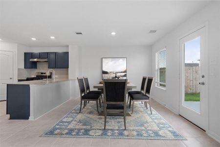 Start your day off right with a cup of coffee sitting with your family in the lovely dining area! Featuring large windows with blinds, custom neutral paint, tile flooring, recessed lighting and high ceilings!