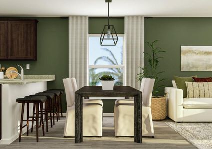 Rendering of the dining area featuring a
  large table and chairs with a view of the kitchen to the left and living area
  to the right.