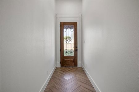 Entryway with light parquet flooring