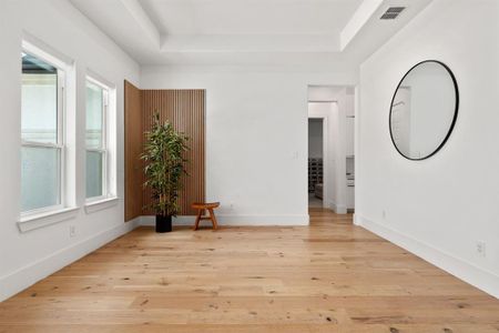 flex space at the front of the home with a healthy amount of sunlight, a raised ceiling, and light wood-type flooring