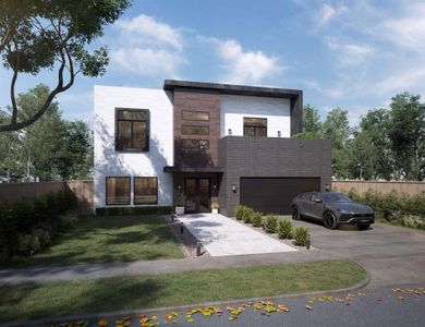 Contemporary house featuring a garage and a front yard