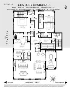 The Century Floorplan | A premium level 4 Bedroom, 4.5 Bath Residence comprised of 4,378SF of interior space with a 368SF Covered Terrace and 3 dedicated and adjacent parking spaces located within the ground level Parking Garage.