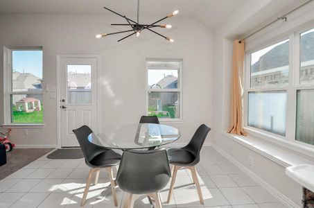 Dining with custom light fixture.