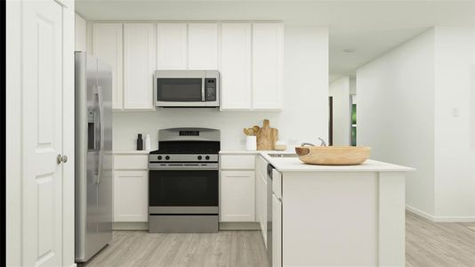 Kitchen featuring kitchen peninsula, light hardwood / wood-style floors, stainless steel appliances, and white cabinets