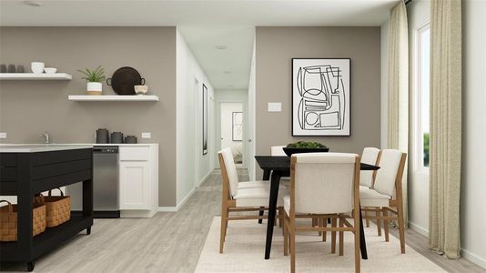 Dining room with light wood-type flooring and wet bar