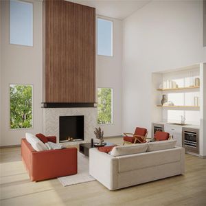 Living room featuring light hardwood / wood-style flooring, a high ceiling, wine cooler, and a tiled fireplace