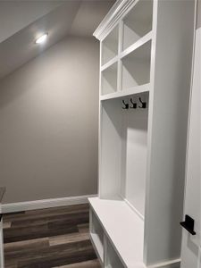 Mudroom with dark wood-type flooring and vaulted ceiling