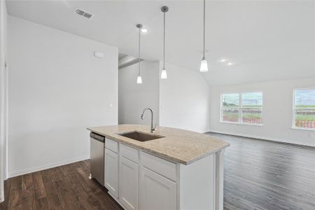 Kitchen with pendant lighting, dishwasher, sink, white cabinets, and dark hardwood / wood-style flooring