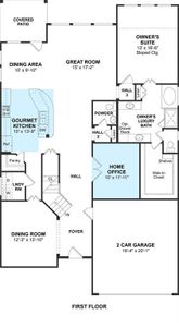 The Walton II floor plan by K. Hovnanian Homes. 1st Floor shown. *Prices, plans, dimensions, features, specifications, materials, and availability of homes or communities are subject to change without notice or obligation.