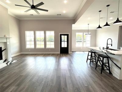 Living room with ceiling fan with notable chandelier, a premium fireplace, dark wood-type flooring, sink, and ornamental molding