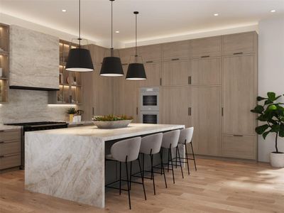 Kitchen with a kitchen bar, a center island, light wood-type flooring, and stainless steel gas range oven