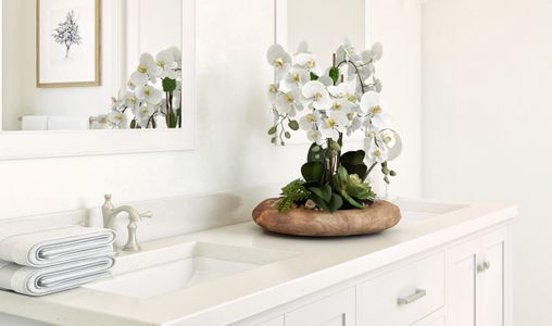 Primary bath dual sinks with white quartz countertops
