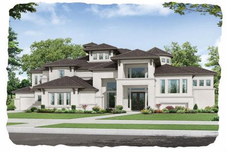 Sensational stucco Elevation of Fedrick Harris Estate Homes Grand Villa Vecchio Plan. This rendering exudes luxury at it's finest This impressive residence boasts 5 Bedrooms, 6.5 Bathrooms, and a 4-car Garage on a corner, cul-de-sac lot and wonderful waterfront view.