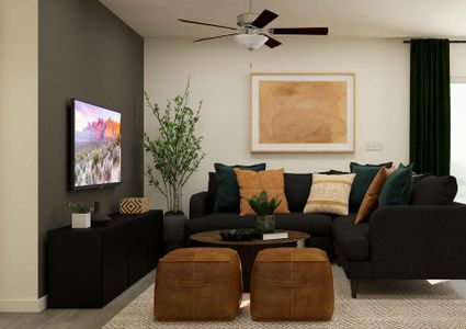 Rendering of a living room furnished with
  a black sectional couch and a round coffee table.