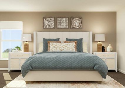 Rendering of the spacious owner's suite
  featuring large furniture along a beige accent wall and carpet flooring
  throughout.