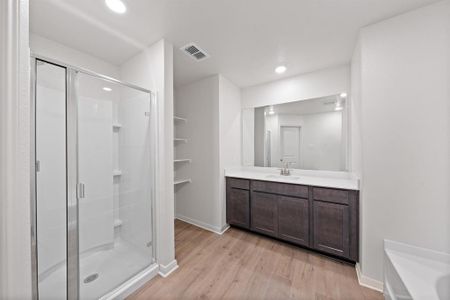 Bathroom featuring a shower with door, vanity, and wood-type flooring