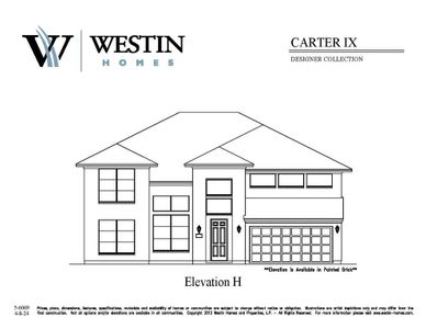 Westin Homes NEW Construction (Carter IX, Elevation H) CURRENLTY BEING BUILT. Two story. 5 bedrooms, 4.5 baths. Primary suite downstairs with large walk-in closet. Secondary bedroom on first floor with private bath as well. Formal dining room and study. Spacious island kitchen with breakfast area open to family room. Upstairs game room with media room plus three secondary bedrooms. Covered patio and 3 car attached garage.