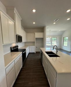 Kitchen with dark hardwood / wood-style floors, sink, white cabinets, hanging light fixtures, and stainless steel appliances