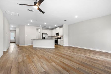 The spacious living room and dining room.