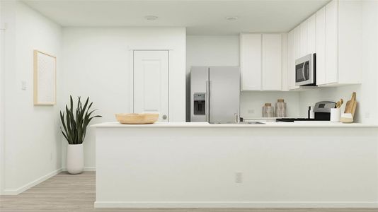 Kitchen with sink, kitchen peninsula, light hardwood / wood-style flooring, white cabinetry, and appliances with stainless steel finishes