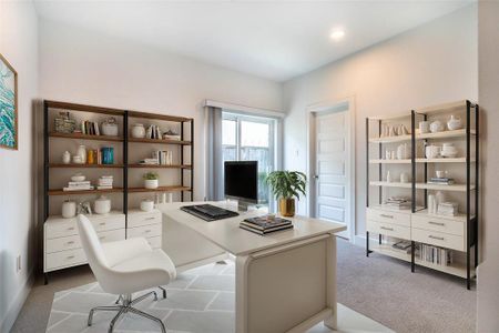 First-floor bedroom with an en-suite bath, virtually staged as an office.