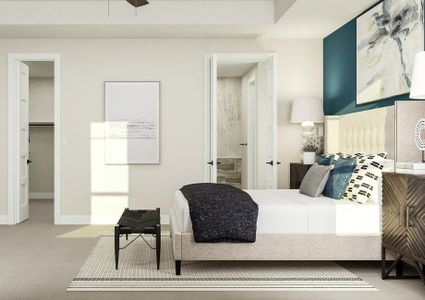 Rendering of the master bedroom focused
  on the large bed, two nightstands, rug and bench. An accent wall, paintings,
  two table lamps and view into walk-in closet is visible.