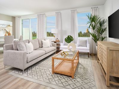 Living room in the Oakville floorplan modeled at Chase Landing.