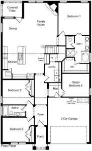 D.R. Horton's Vail floorplan, 1st floor - All Home and community information, including pricing, included features, terms, availability and amenities, are subject to change at any time without notice or obligation. All Drawings, pictures, photographs, video, square footages, floor plans, elevations, features, colors and sizes are approximate for illustration purposes only and will vary from the homes as built.