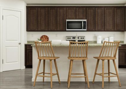 Rendering of the Capri floor plan's
  spacious kitchen featuring dark wood cabinetry, granite countertops,
  stainless steel appliances, and wood-look flooring throughout.