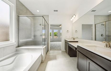 Elegant owner's bathroom with dual vanity and oversized shower*real home pictured