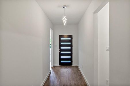 Doorway with dark hardwood / wood-style flooring