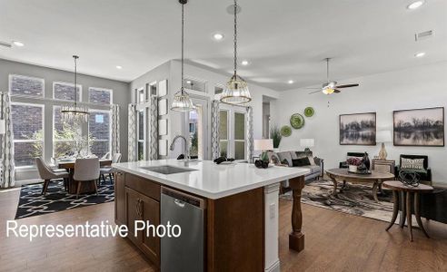 Kitchen with sink, pendant lighting, dark hardwood / wood-style flooring, and dishwasher