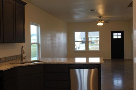 Kitchen featuring a wealth of natural light, ceiling fan, sink, and stainless steel dishwasher