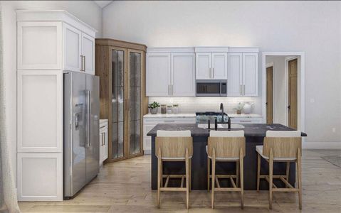 The kitchen features a sizable island, which is great for cooking, dining, and hosting guests. It's designed with entertaining in mind.