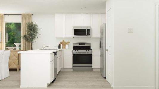 Kitchen featuring white cabinets, sink, kitchen peninsula, stainless steel appliances, and light wood-type flooring