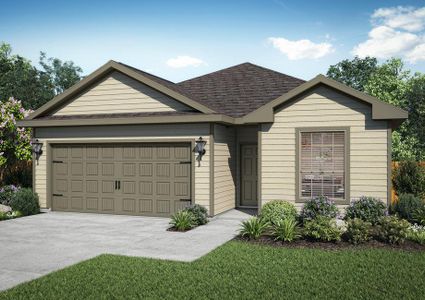 Single-story home with tan siding, brown trim and an attached two-car garage.