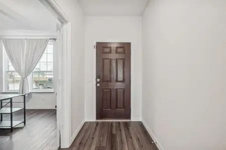 Doorway to outside with dark wood-type flooring