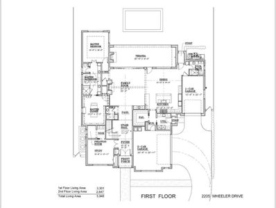 First story floorplan, including master on first floor and large veranada overlooking the backyard