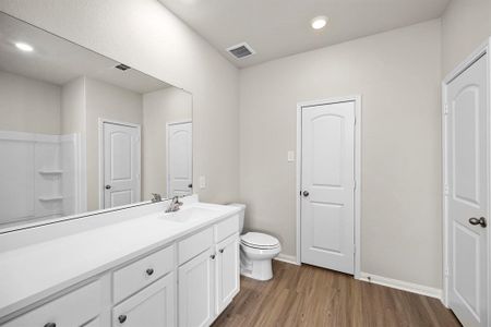 Luxurious primary bathroom with a walk-in closet.