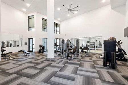 Exercise room featuring high vaulted ceiling, ceiling fan, and carpet flooring