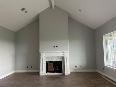Family Room with 18' ceilings and direct vent fireplace
